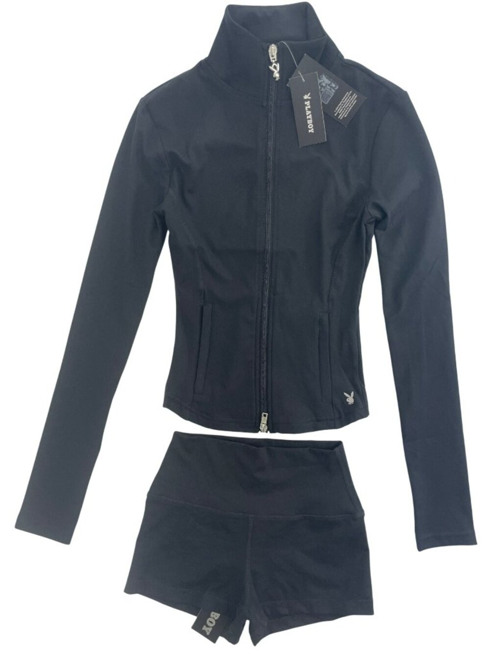 Playboy Jacket & Shorts 2-PIECE-SET Stretchy Black Full-Zip Women's Size XS NWT